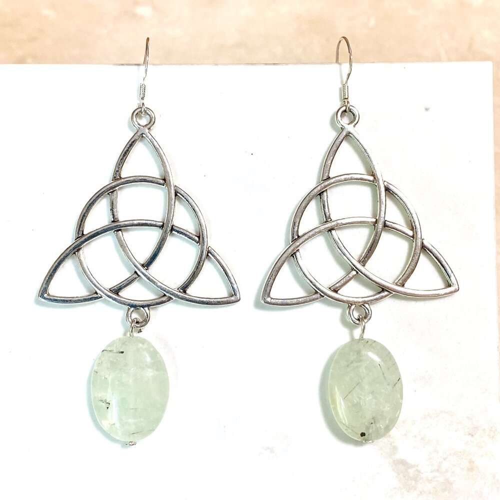 2/$20 Genuine Pale Green Prehnite Celtic Trinity Sterling Silver Dangle Earrings